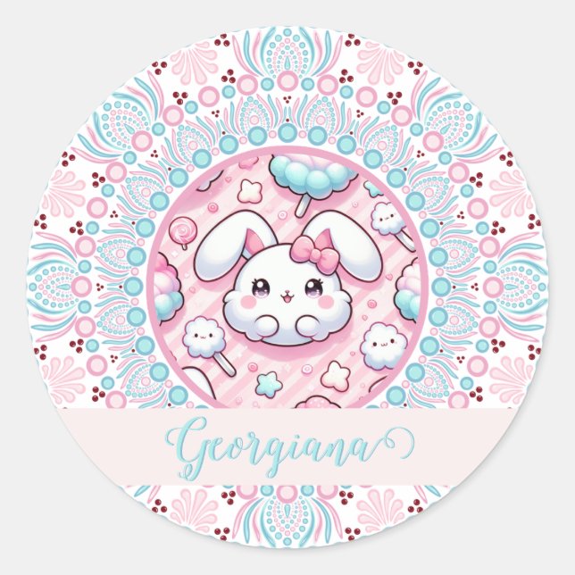 Personalised Cotton Candy Kawaii Bunny Dot Mandala Classic Round Sticker (Front)