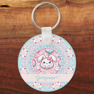 Personalised Cotton Candy Kawaii Bunny Dot Mandala Key Ring