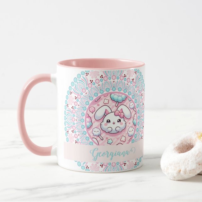 Personalised Cotton Candy Kawaii Bunny Dot Mandala Mug (With Donut)