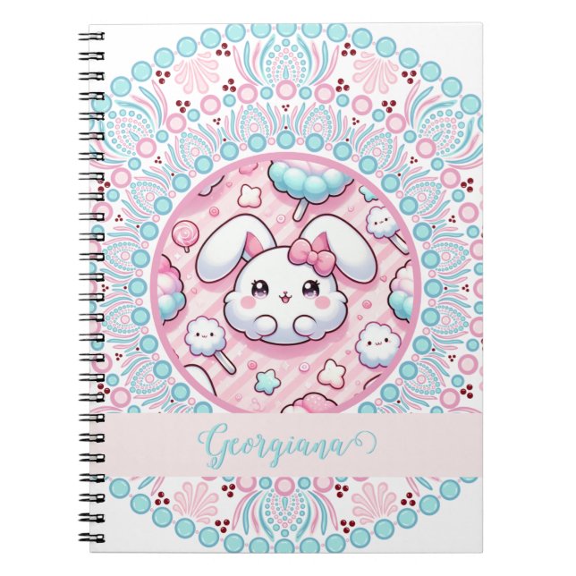 Personalised Cotton Candy Kawaii Bunny Dot Mandala Notebook (Front)