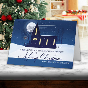 Personalised Country Church Moonlight Christmas  Holiday Card