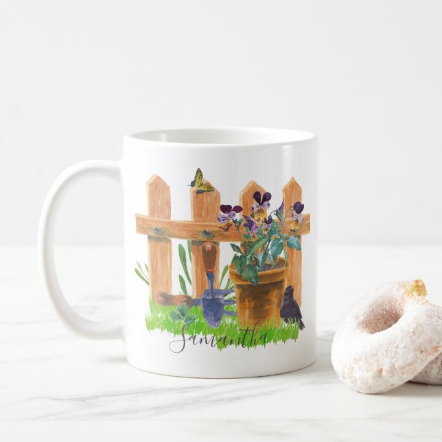 Personalised Country Garden Watercolor Scene Coffee Mug (With Donut)