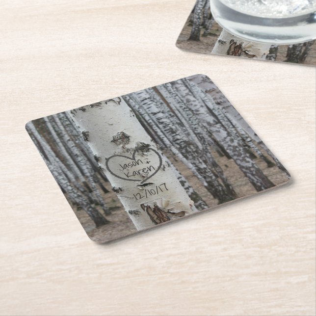 Personalised Country Rustic Carved Heart Square Paper Coaster (Angled)