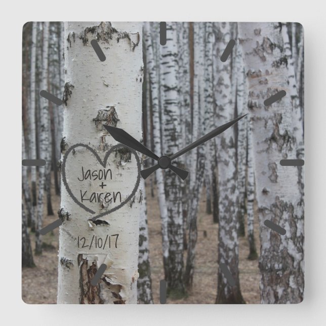 Personalised Country Rustic Carved Heart Square Wall Clock (Front)