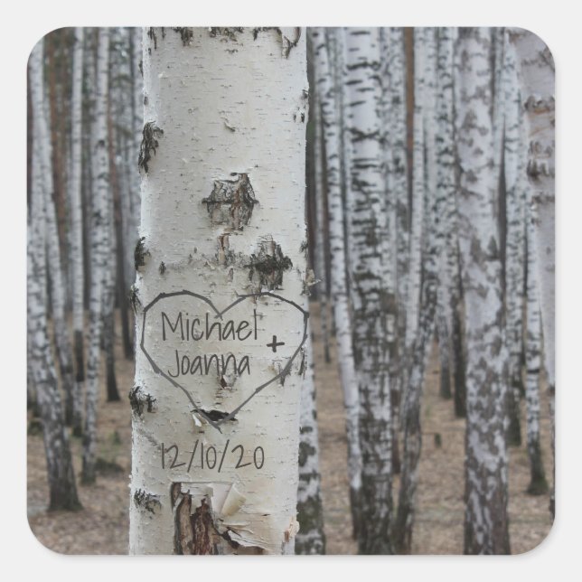 Personalised Country Rustic Carved Names in Heart  Square Sticker (Front)