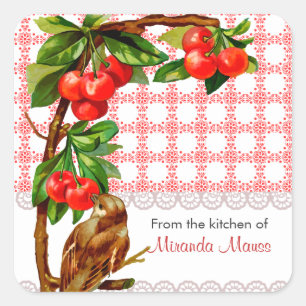 Personalised Country Vintage Bird and Cherries Square Sticker