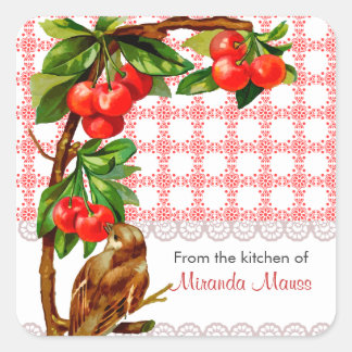 Personalised Country Vintage Bird and Cherries Square Sticker