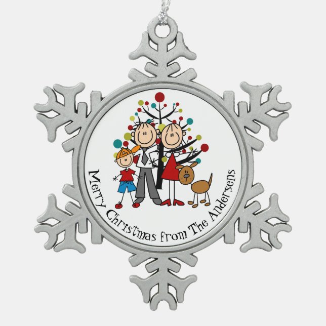 Personalised Couple, Boy, Dog Snowflake Ornament (Front)