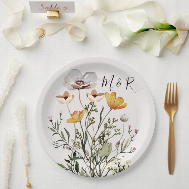 Personalised Couple Monogram Dried Wildflower  Paper Plate (Wedding)