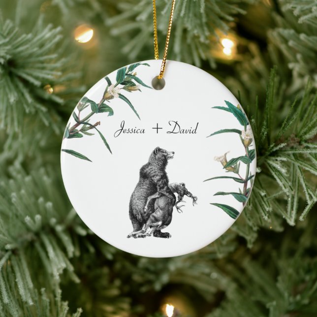 Personalised Couple Names Christmas Bear hunting Ceramic Tree Decoration (Tree)