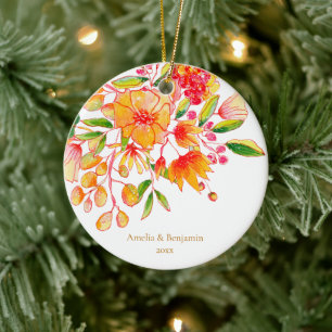 Personalised Couple Names Floral Orange Christmas Ceramic Tree Decoration