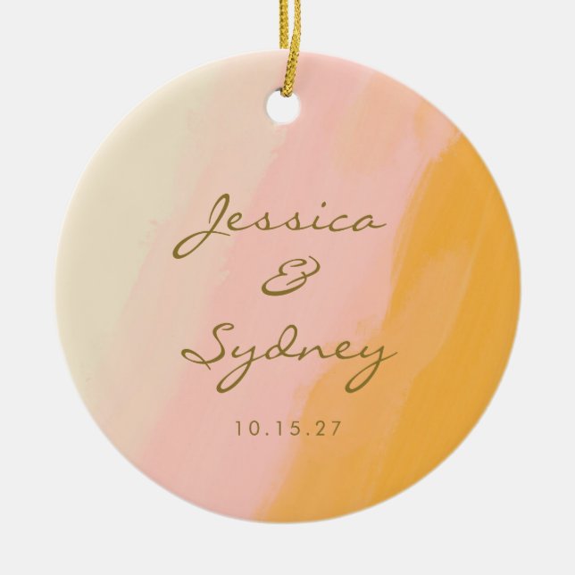 Personalised Couple Names Pink Yellow Abstract Ceramic Tree Decoration (Front)