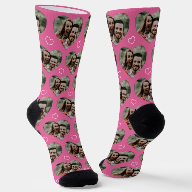 Personalised Couple Photo Heart Love Pink Socks (Angled)