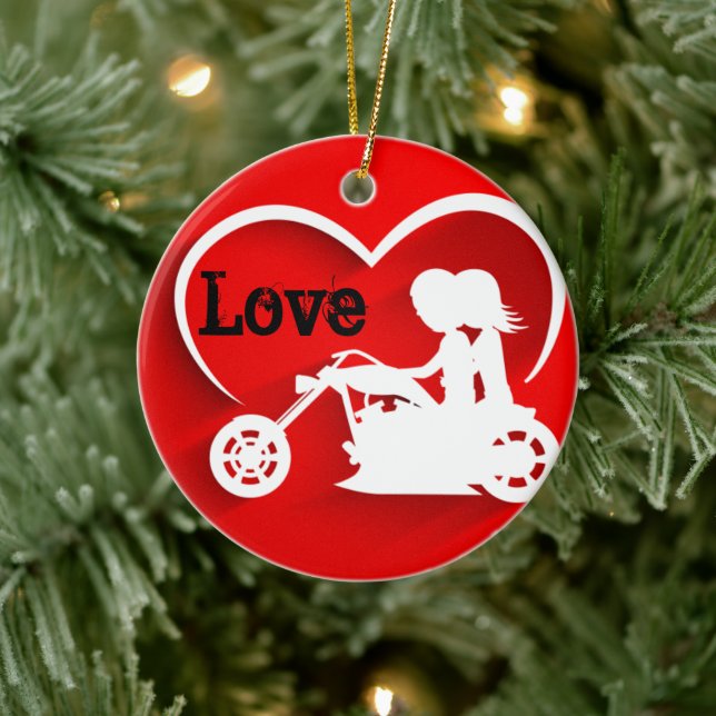 Personalised Couple Riding Motorcycle LOVE Ceramic Tree Decoration (Tree)