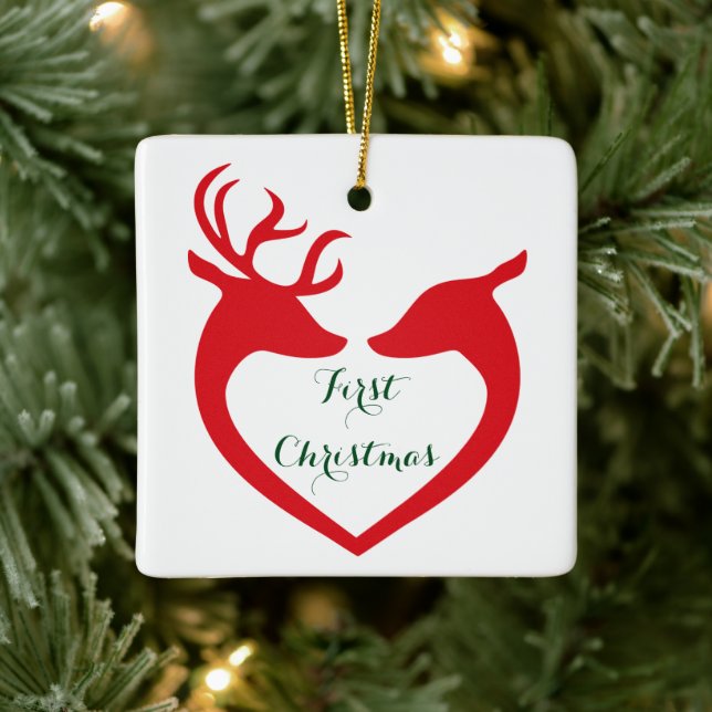Personalised Couple's 1st Christmas Heart Deer Ceramic Ornament (Tree)