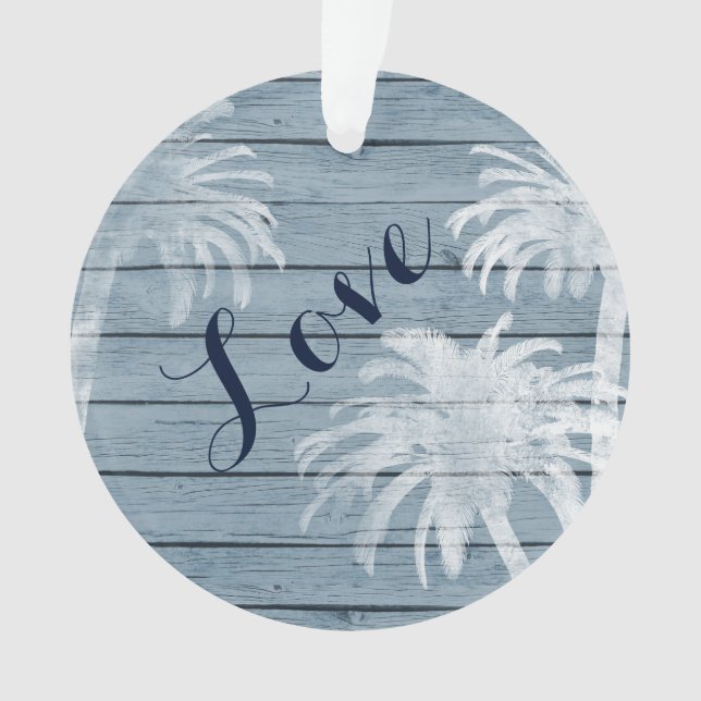 Personalised Couples Beach Palm Trees on Wood LOVE Ornament (Front)