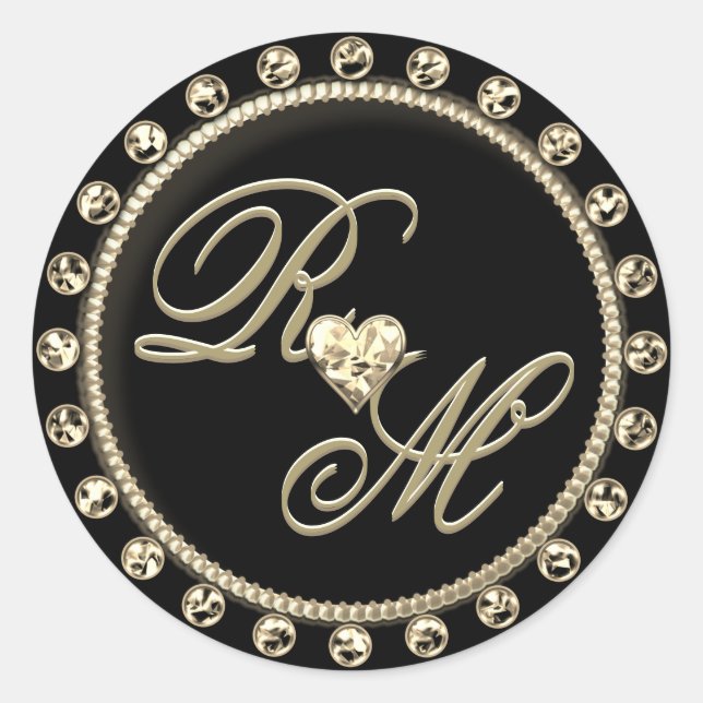 Personalised Couples Monogram Gold Black Classic Round Sticker (Front)