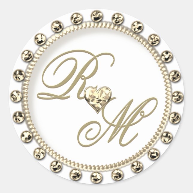Personalised Couples Monogram Gold White Classic Round Sticker (Front)