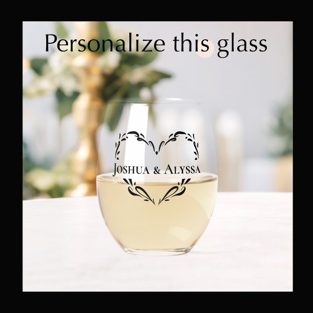 Personalised Couple's Names Whimsical Heart Gift Stemless Wine Glass (Add the couple’s names to my original elegant heart template for a keepsake commemorative gift glass)