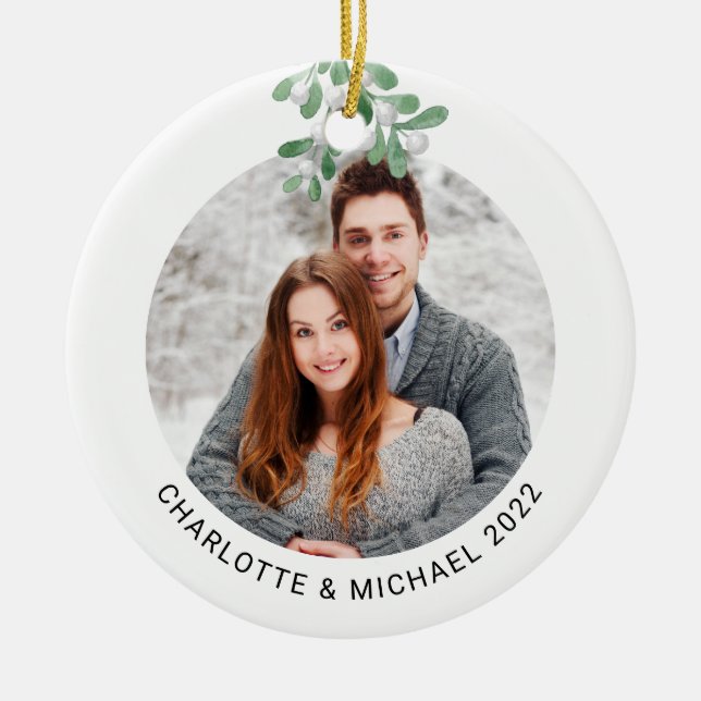 Personalised Couples Photo Botanical Ceramic Tree Decoration (Front)