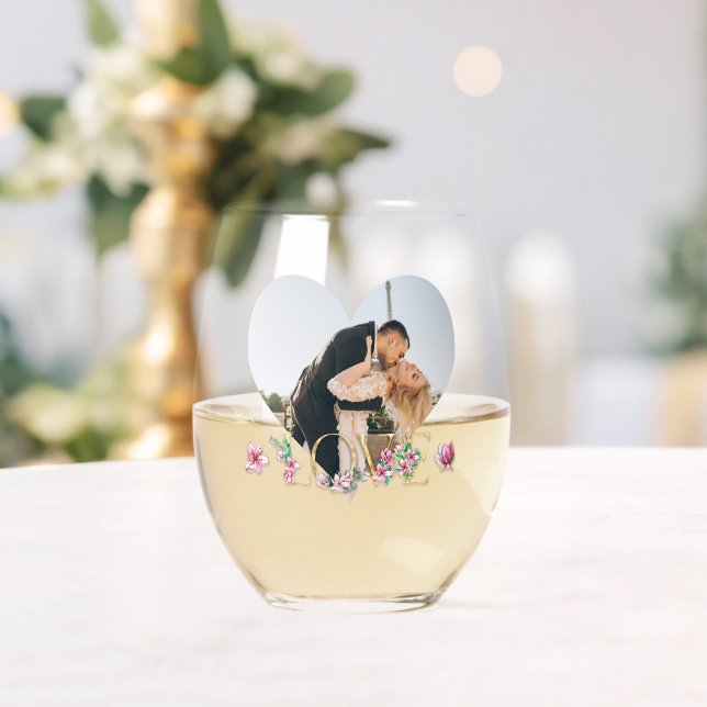 Personalised Couples Photo LOVE Wedding  Stemless Wine Glass (Insitu (Wedding))