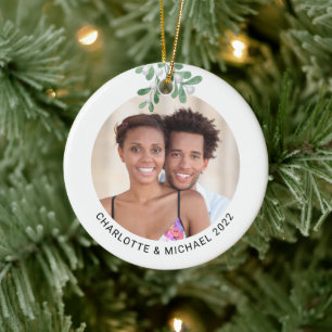 Personalised Couples Photo Mistletoe Ceramic Tree Decoration