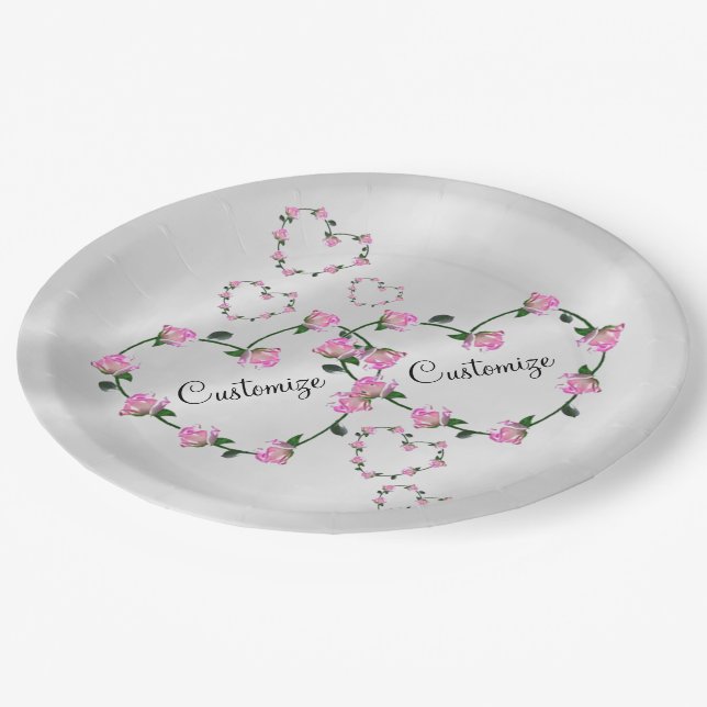 Personalised Couples Pink Rose Hearts Paper Plates (Angled)