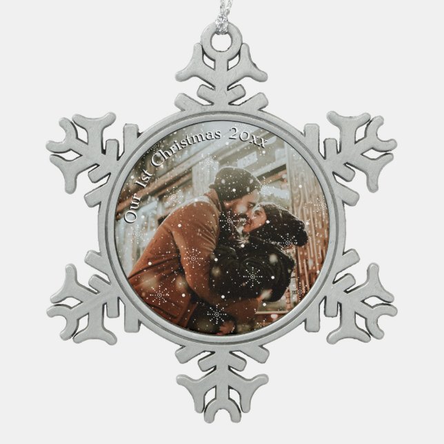 Personalised Couples Snowflake Framed  Snowflake Pewter Christmas Ornament (Front)