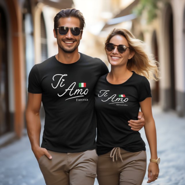 Personalised couple's Ti Amo Script  T-Shirt (Ti Amo (Italian for I Love You)
Couple's Black Tee)