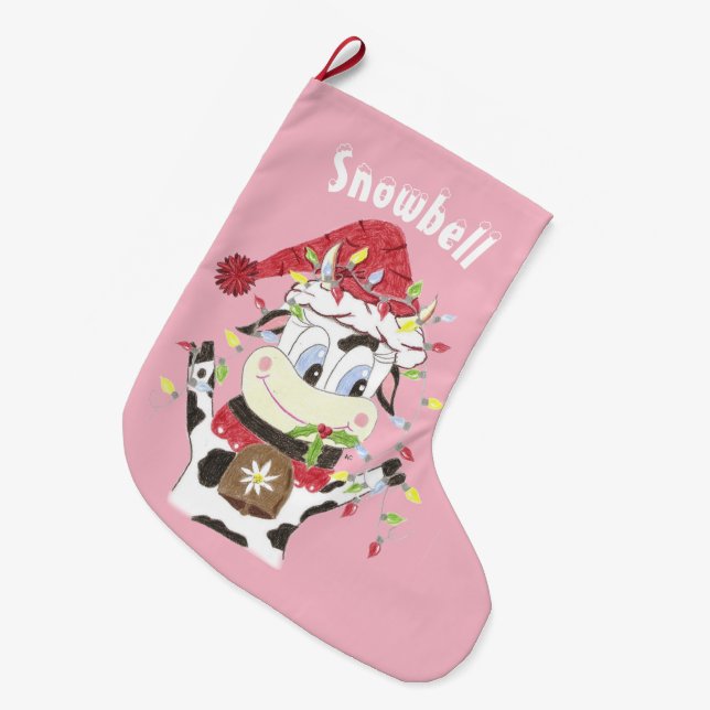 Personalised cow pink Christmas stocking (Front (Hanging))