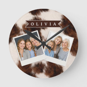 Personalised Cow Print Cowgirl Western Style Gift Round Clock
