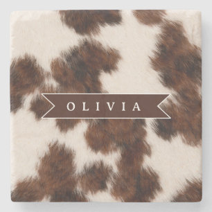 Personalised Cow Print Cowgirl Western Style Gift Stone Coaster