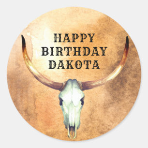 Personalised Cow Skull Steer Cowboy Birthday  Clas Classic Round Sticker