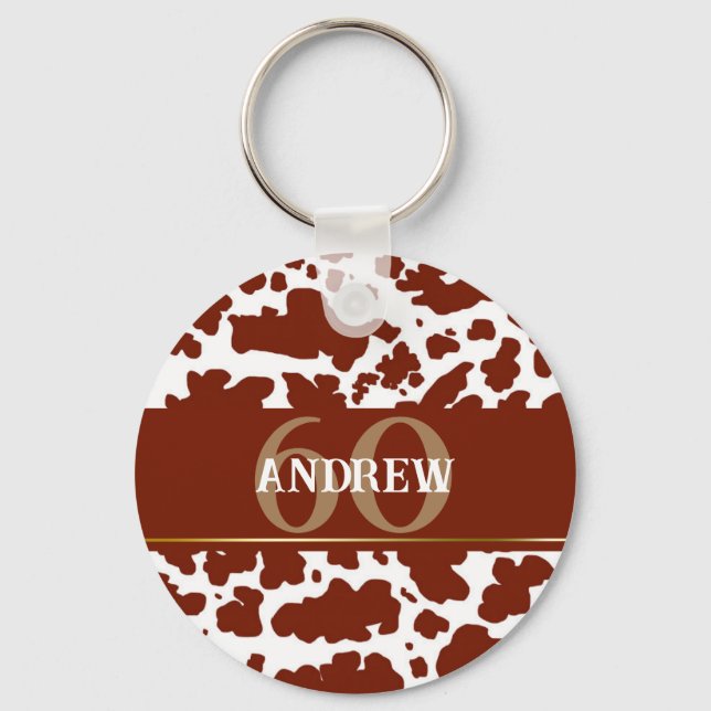 Personalised Cow Spots Print Farmer Birthday Key Ring (Front)