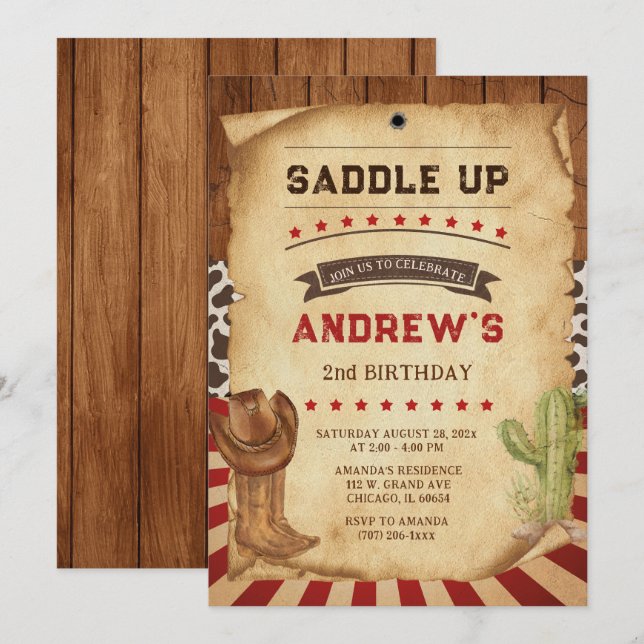 Personalised Cowboy 2nd Birthday Invitation (Front/Back)