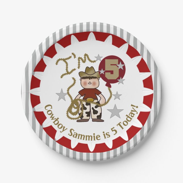 Personalised Cowboy 5th Birthday Paper Plates (Front)