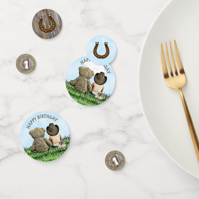 Personalised Cowboy and Teddy Bear First Birthday Confetti (Group)