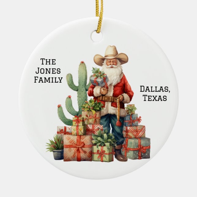 Personalised Cowboy Western Santa Christmas Ceramic Tree Decoration (Front)
