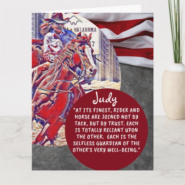 Personalised Cowgirl Barrel Racer Red White Blue Card (Front)