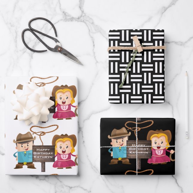 Personalised Cowgirl & Cowboy Wrapping Paper Sheet (Front)