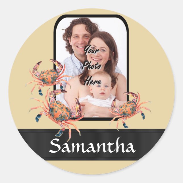 Personalised crab classic round sticker (Front)