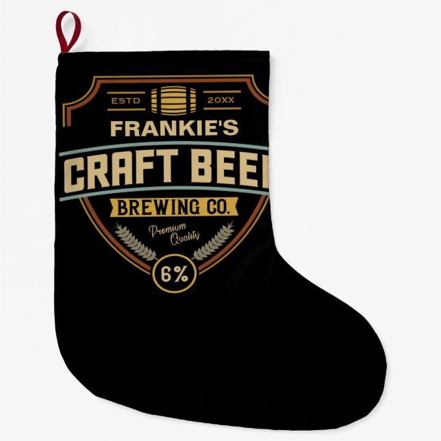 Personalised Craft Beer Label Brewing Company Bar  Large Christmas Stocking (Front)