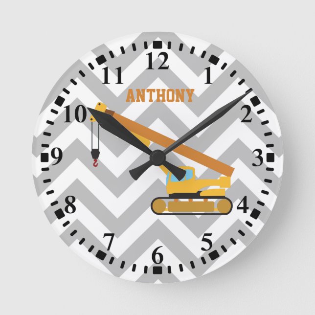 Personalised Crane Construction Truck Zigzag Round Clock (Front)