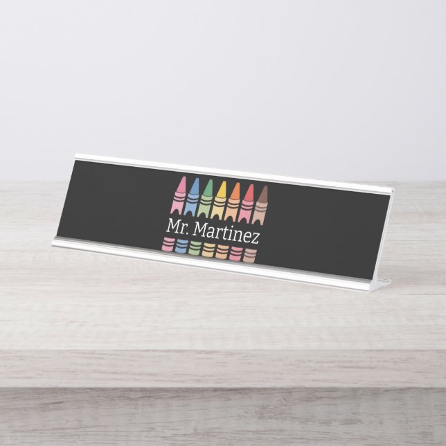 Personalised Crayon Teacher Name Cute Back School Desk Name Plate (Front)