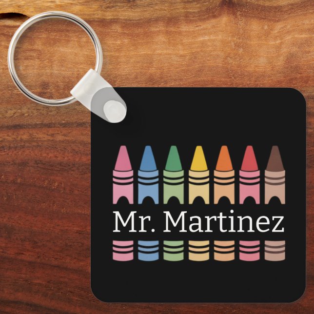 Personalised Crayon Teacher Name Cute Back School Key Ring (Front)