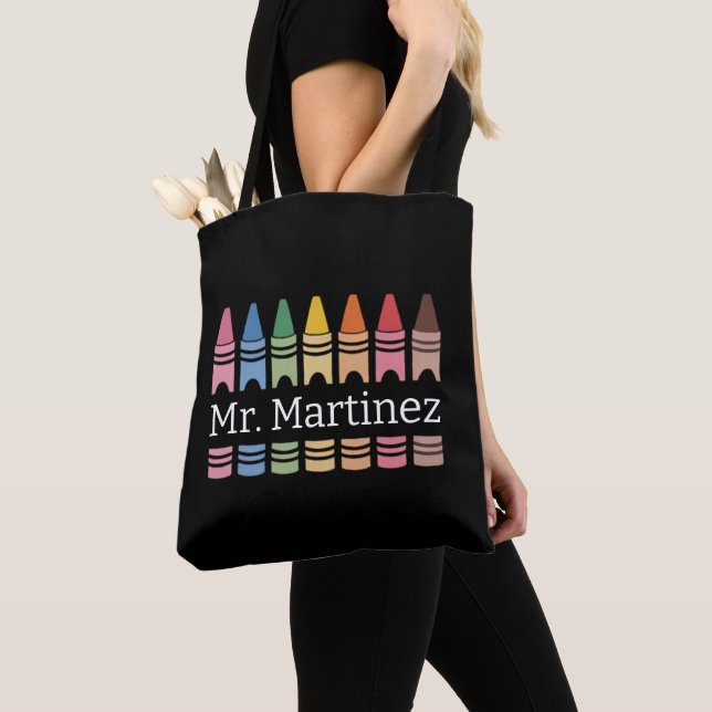 Personalised Crayon Teacher Name Cute Back School Tote Bag (Close Up)
