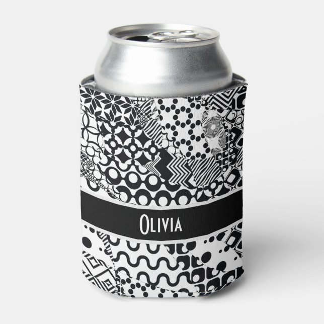Personalised, Crazy Black & White Pattern 7 Can Cooler (Can Front)