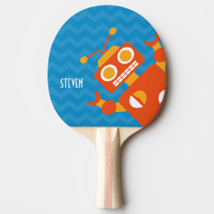 Personalised Crazy Fun Orange Robot Blue Chevron Ping Pong Paddle