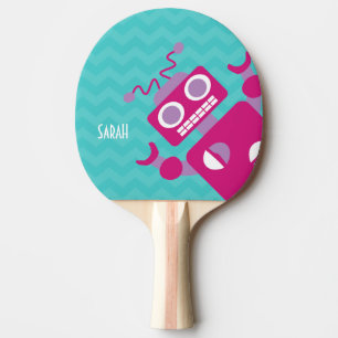 Personalised Crazy Fun Pink Robot Teal Chevron Ping Pong Paddle