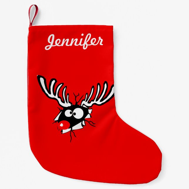 Personalised Crazy Red Nosed Reindeer Small Christmas Stocking (Front)